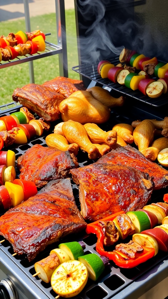 A delicious BBQ spread with grilled beef ribs, chicken thighs, and vegetable skewers on a BBQ stand.